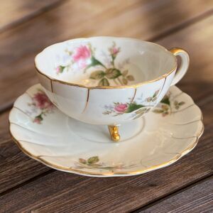 Vintage Ucagco China Japan Pink Teacup Rosebud & Saucer Gold Rim Vintage